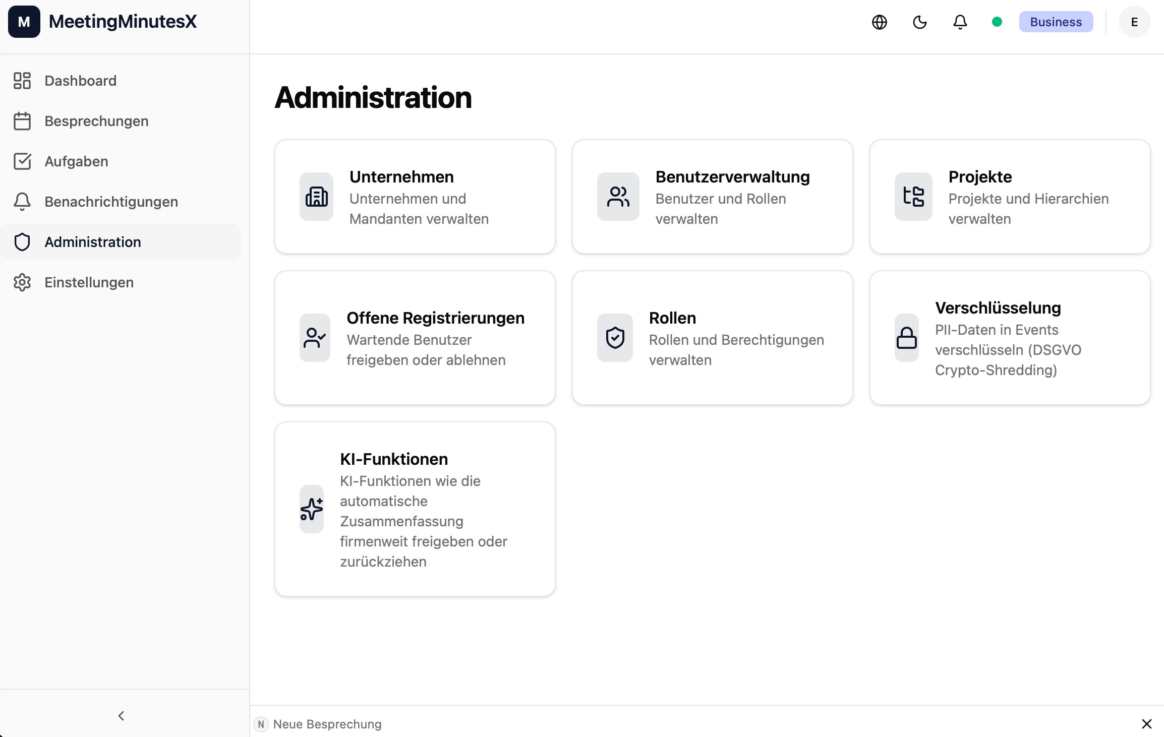 MeetingMinutesX Administration mit Benutzerverwaltung, Rollen und DSGVO-Verschlüsselung