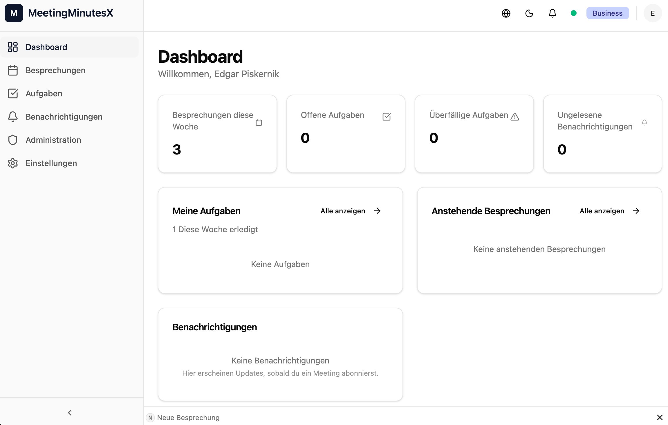 MeetingMinutesX Dashboard mit Übersicht der Besprechungen, Aufgaben und Benachrichtigungen