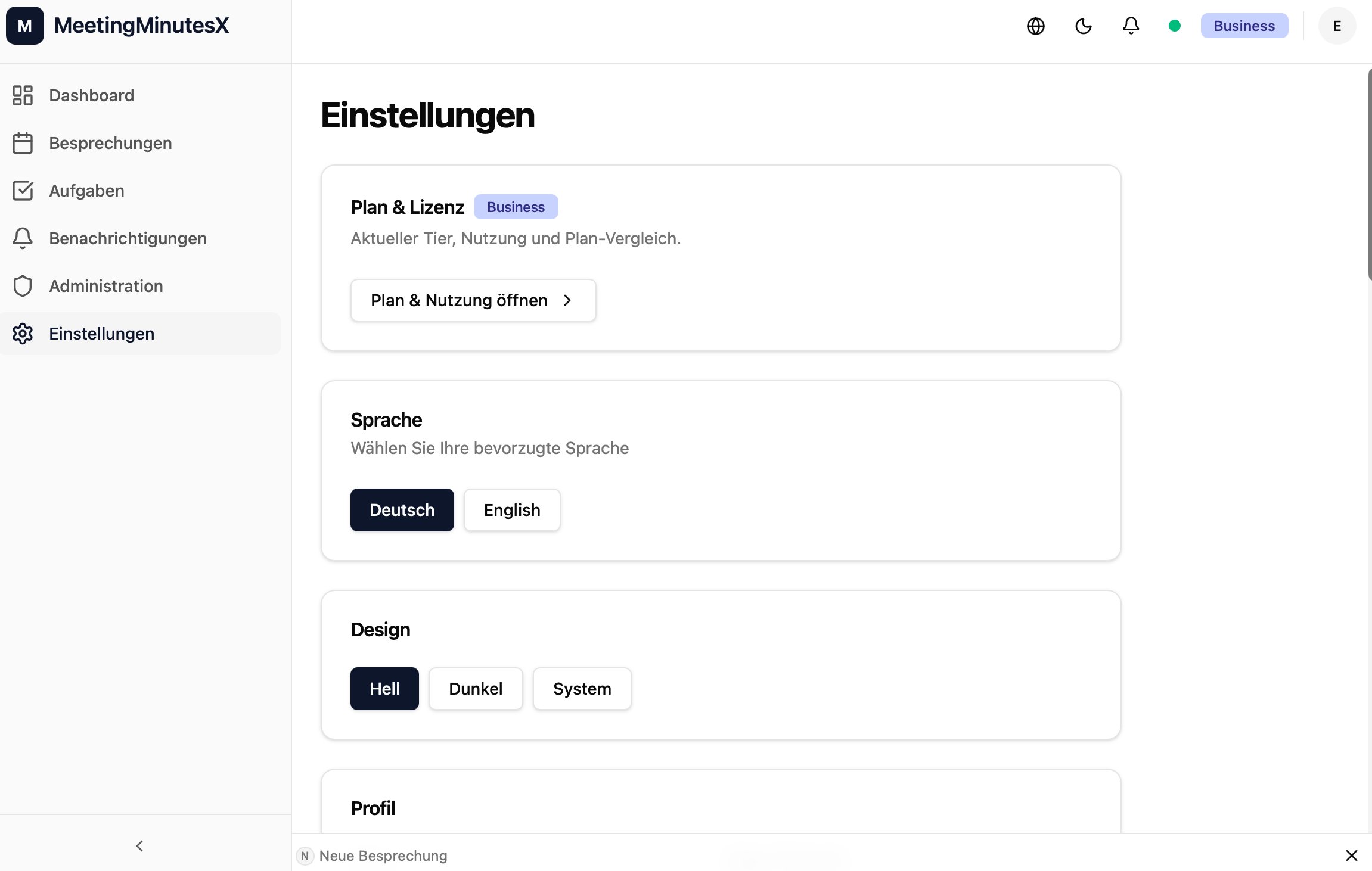 MeetingMinutesX Einstellungen mit Plan, Sprache und Design-Optionen